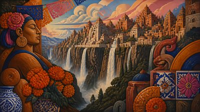a cliffside city with waterfalls cascading into a misty canyon, wide establishing shot, no people, no text