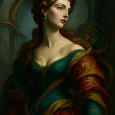 a painting of a woman in a green and red dress