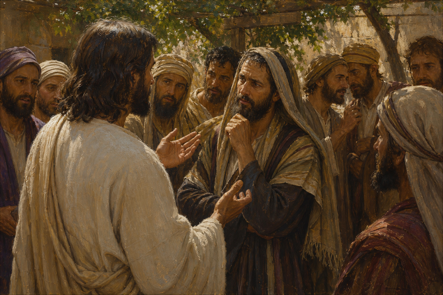“And one of the scribes came up and heard them disputing with one another, and seeing that he answered them well, asked him, “Which commandment is the most important of all?” Jesus answered, “The most important is, ‘Hear, O Israel: The Lord our God, the Lord is one. And you shall love the Lord your God with all your heart and with all your soul and with all your mind and with all your strength.’ The second is this: ‘You shall love your neighbor as yourself.’ There is no other commandment greater than these.” And the scribe said to him, “You are right, Teacher. You have truly said that he is one, and there is no other besides him. And to love him with all the heart and with all the understanding and with all the strength, and to love one’s neighbor as oneself, is much more than all whole burnt offerings and sacrifices.” And when Jesus saw that he answered wisely, he said to him, “You are not far from the kingdom of God.” Jesus stands among His disciples in a shady patio area outdoors talking to this scribe. His disciples wonder at the exchange. Several of them are also engaged in conversations set around the one Jesus is having. We see Jesus from the left rear quarter, where we can see only the back of His head and the side of his face. His hands are expressing His point. The scribe to whom He speaks has a poignant, thoughtful expression.