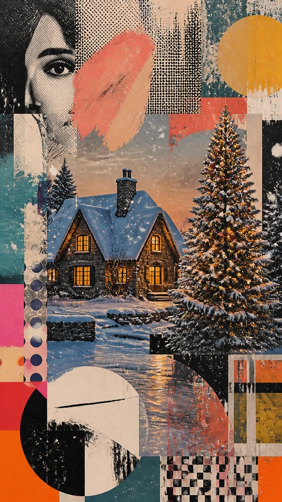 a snow-covered cottage with warm glowing windows beside a decorated pine tree, gentle snowfall, no text