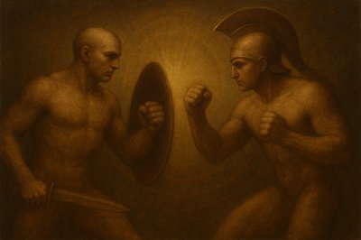 a painting of two men looking in a mirror