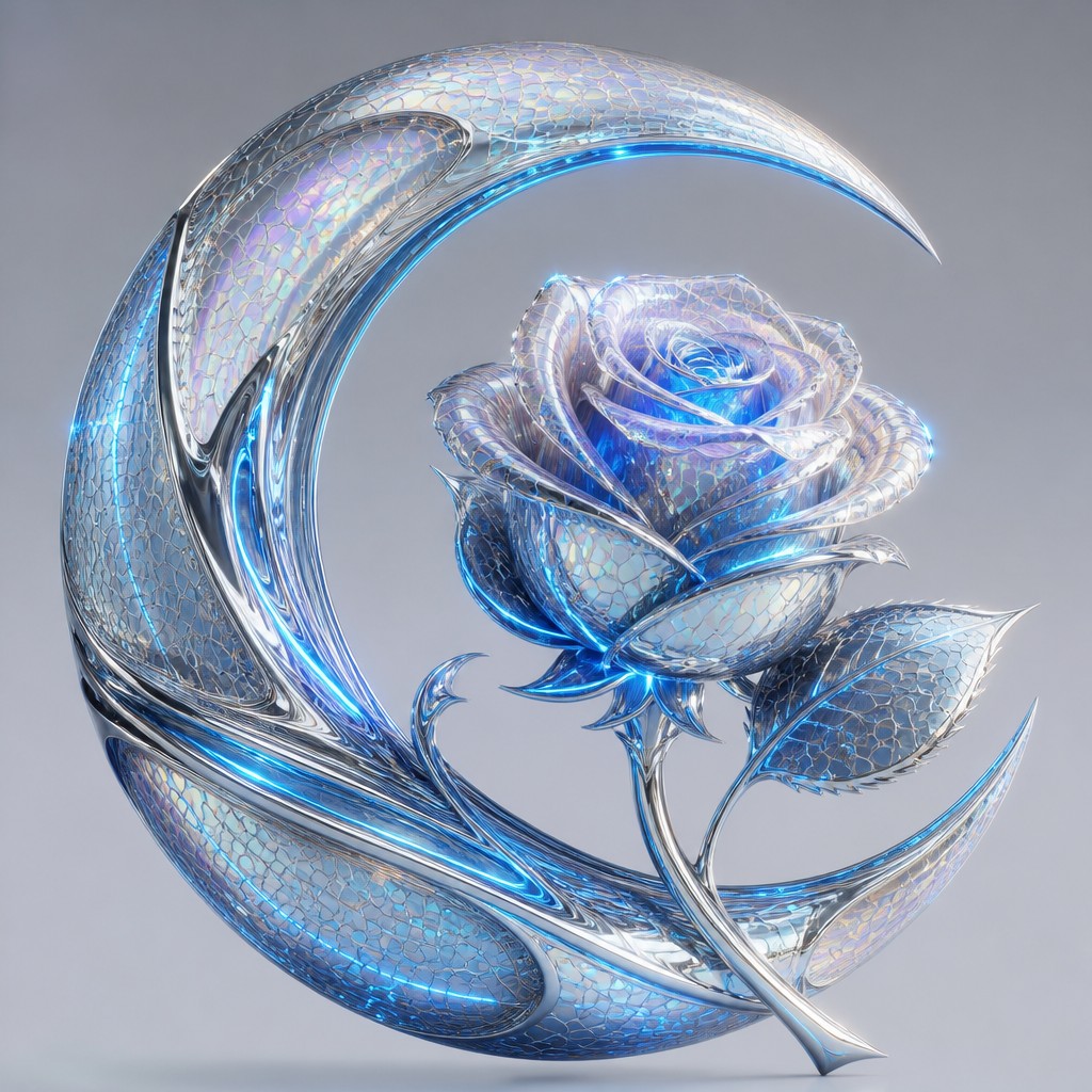 a rose entwined with a crescent moon, clean balanced composition on a plain background, no text
