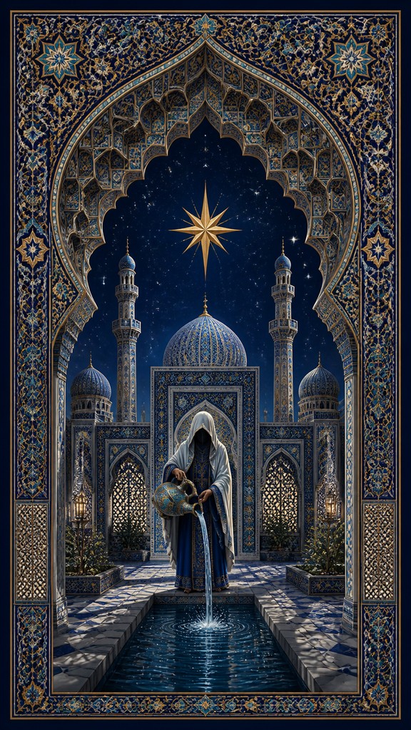 a robed figure pouring water beneath a large eight-pointed star in a night sky, symmetrical composition with an ornate decorative border, no text