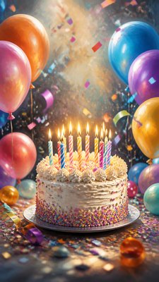 a birthday cake with lit candles surrounded by balloons and confetti, festive vertical composition, no text