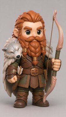 full-body original character: a dwarven ranger with a braided auburn beard, worn leather armor, a longbow and a wolf-pelt cloak, neutral background, no text