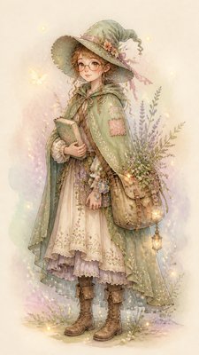 full-body original character: a wandering botanist with a satchel of plants, a patched green cloak, tall boots and round glasses, neutral background