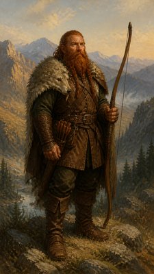 full-body original character: a dwarven ranger with a braided auburn beard, worn leather armor, a longbow and a wolf-pelt cloak, neutral background, no text