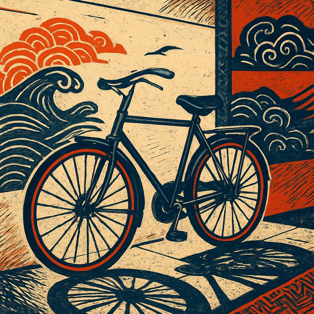 bicyle resting against a wall