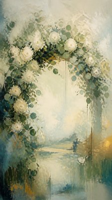 an arch of white roses and eucalyptus in soft morning light, elegant vertical composition with open space, no text