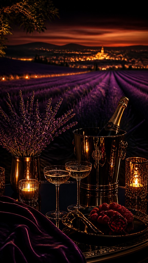 a field of lavender stretching to distant hills at dusk, no people