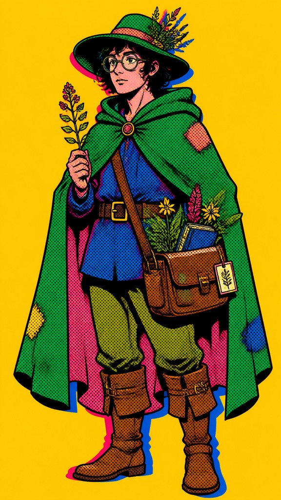 full-body original character: a wandering botanist with a satchel of plants, a patched green cloak, tall boots and round glasses, neutral background