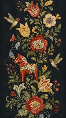 a climbing vine of flowers and hummingbirds on a dark background, tall wrapping composition, no text
