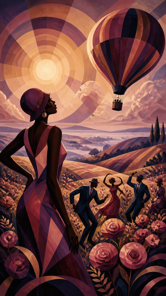 a hot air balloon drifting over rolling flower fields on a sunny day, cheerful, no text