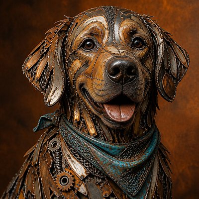 portrait of a golden retriever wearing a blue bandana, warm plain backdrop, no text