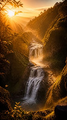 a cascading waterfall in a lush green gorge, no people