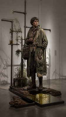 full-body original character: a wandering botanist with a satchel of plants, a patched green cloak, tall boots and round glasses, neutral background