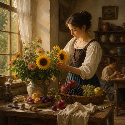 still life arrangement of fruits and flowers