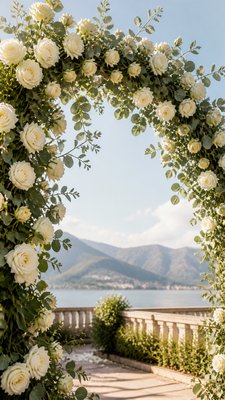 an arch of white roses and eucalyptus in soft morning light, elegant vertical composition with open space, no text