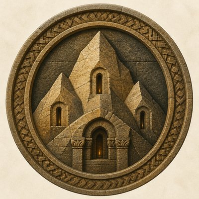 an emblem of a mountain peak inside a circle, simple bold shapes on a plain background, no text or lettering