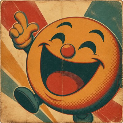an exaggerated laughing face of an original round mascot character, bold and readable at small size, plain background, no text
