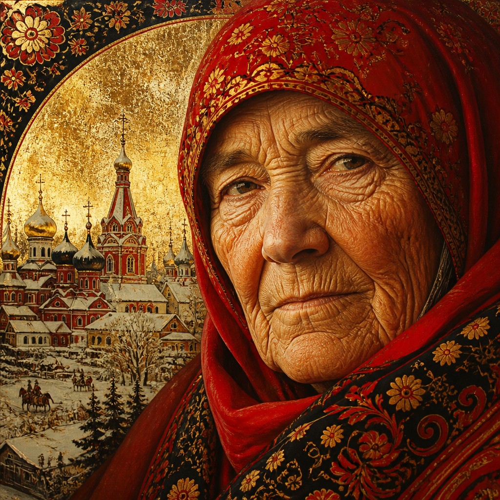 close-up portrait of an elderly person with expressive weathered features — Russian Art Style