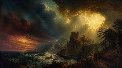 sweeping panoramic landscape with a dramatic sky