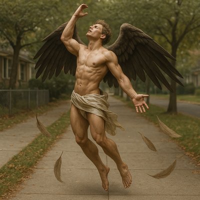 a statue of a man with wings on a sidewalk