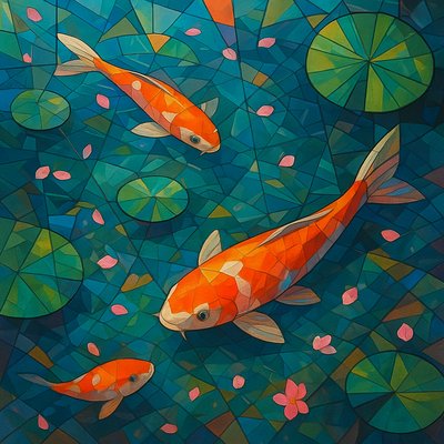 A koi pond seen from above, orange and white koi fish swimming among lily pads, clear water with subtle ripples, fallen cherry blossom petals floating on the surface, dappled sunlight