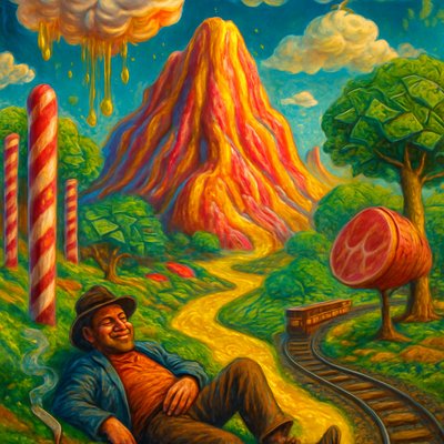 Surrealism Art Style, Digital Art Style, a brilliantly vibrant, whimsical, and exaggerated landscape depicting the mythical "Big Rock Candy Mountain." The massive mountain at the center of the scene is composed entirely of striped rock candy, glistening in the eternal sunshine. A cheerful hobo figure, relaxed and smiling, is seen lounging by a sparkling stream of pure lemonade that flows down the mountainside. The landscape is surrounded by giant peppermint stick forests and trees whose leaves are crisp dollar bills. The clouds in the sky are made of whipped cream, and the rain is a sweet syrup. There are prominent features like a cigarette tree, a luscious ham tree, and railroad tracks where the boxcars are always empty and waiting. The colors are hyper-saturated and joyful, rendered with the smooth, detailed clarity of digital art, yet maintaining a dreamlike, slightly absurd quality. Focus intently on the dazzling texture of the candy landscape, the flowing lemonade water, and the utopian, escapist joy of the scene.