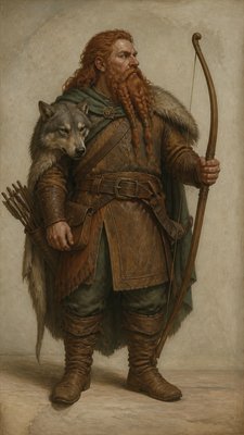 full-body original character: a dwarven ranger with a braided auburn beard, worn leather armor, a longbow and a wolf-pelt cloak, neutral background, no text