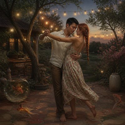 an original couple dancing under string lights in a garden at dusk: a man with short black hair in a linen shirt and a woman with braided red hair in a summer dress