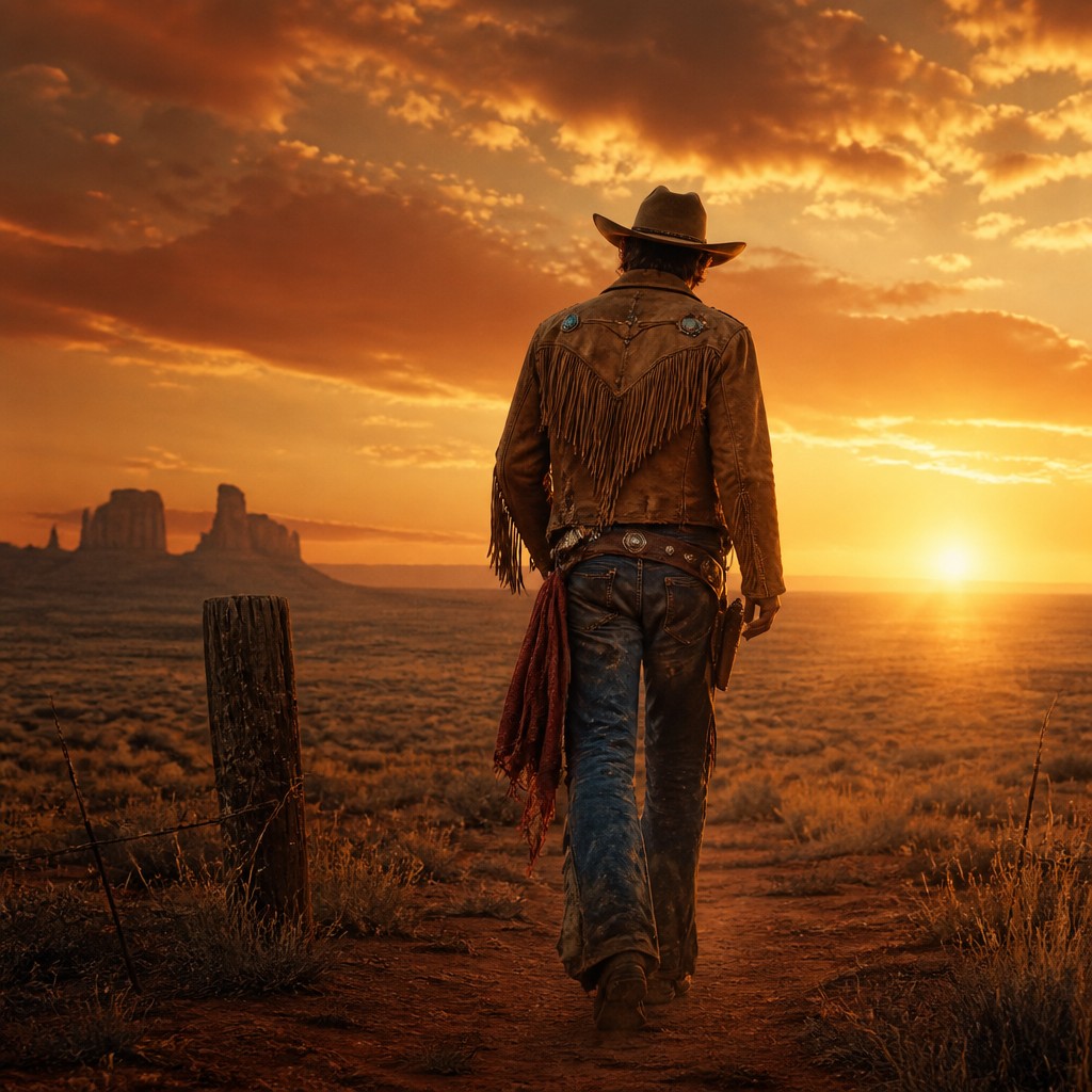 a solitary figure walking toward a glowing horizon across an empty plain, moody atmosphere, no text or lettering