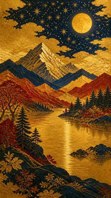 a tranquil mountain lake beneath a starry night sky, no people, no text