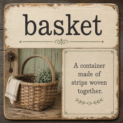 Please create a flashcard for the spelling word: basket and it's definition: A container made of strips woven together.