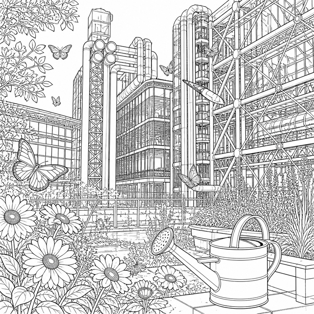a garden scene with butterflies, flowers and a watering can, clean uncolored line art, no text
