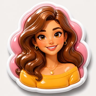 head-and-shoulders portrait of an original character: a young woman with wavy chestnut hair and a warm smile, plain soft backdrop