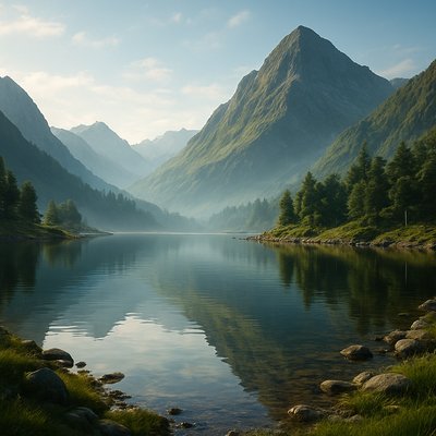 serene landscape with mountains and water