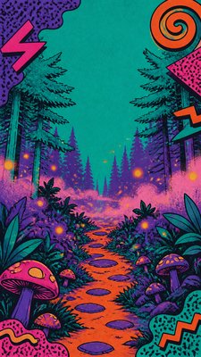 a mysterious forest path with fireflies and drifting mist, atmospheric vertical composition with open space at the top, no text