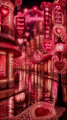a quiet rainy city street at night reflecting neon signs, no people
