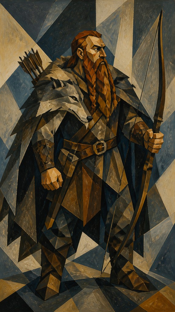 full-body original character: a dwarven ranger with a braided auburn beard, worn leather armor, a longbow and a wolf-pelt cloak, neutral background, no text