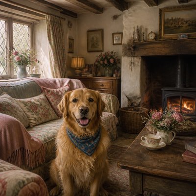 portrait of a golden retriever wearing a blue bandana, warm plain backdrop, no text