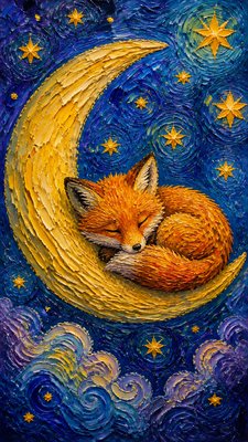 a sleeping baby fox curled on a crescent moon among soft stars, gentle and warm, no text