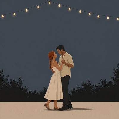 an original couple dancing under string lights in a garden at dusk: a man with short black hair in a linen shirt and a woman with braided red hair in a summer dress