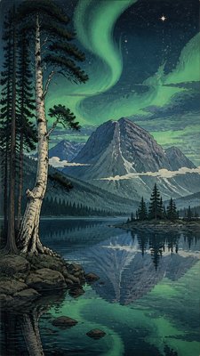 a tranquil mountain lake beneath a starry night sky, no people, no text