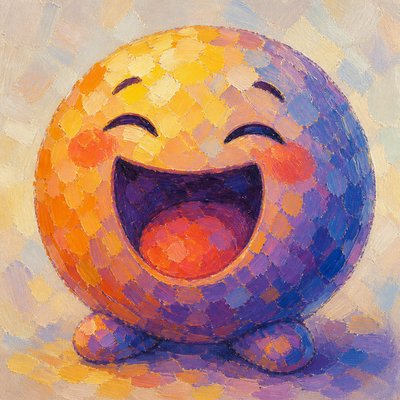 an exaggerated laughing face of an original round mascot character, bold and readable at small size, plain background, no text