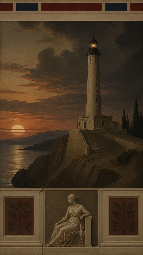 a lone lighthouse on a cliff at dusk under a dramatic sky, no text or lettering