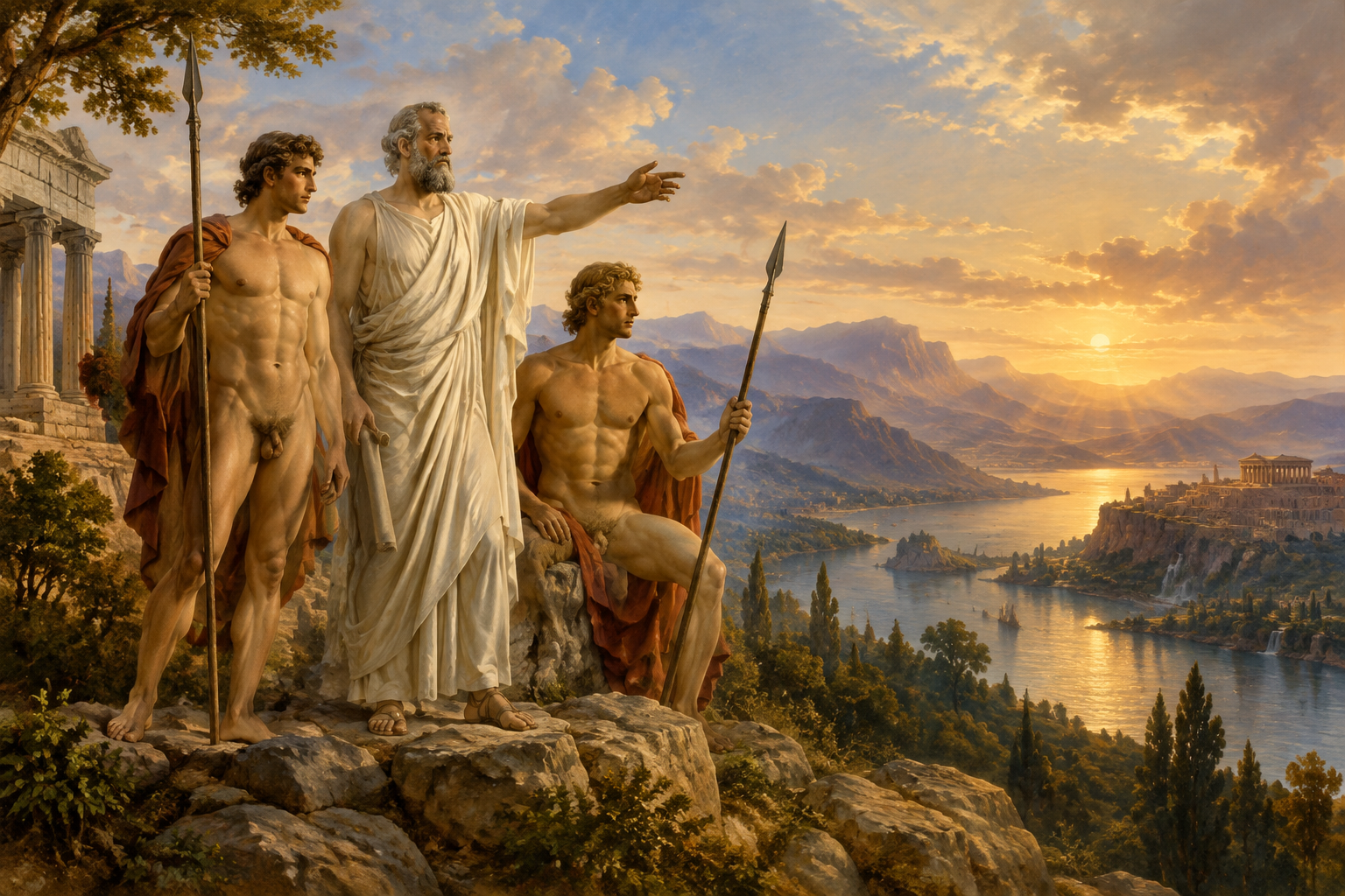 ancient greek Polyclitus with two athletes holding spears