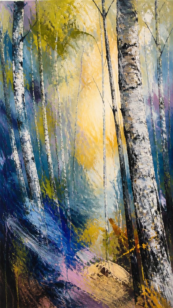 a serene birch forest in soft morning light, no people, no text