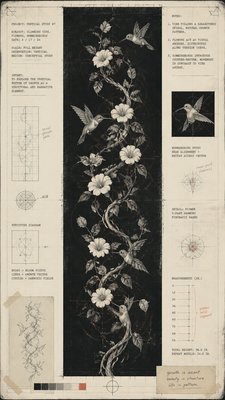 a climbing vine of flowers and hummingbirds on a dark background, tall wrapping composition, no text