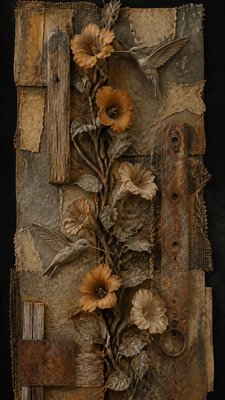a climbing vine of flowers and hummingbirds on a dark background, tall wrapping composition, no text
